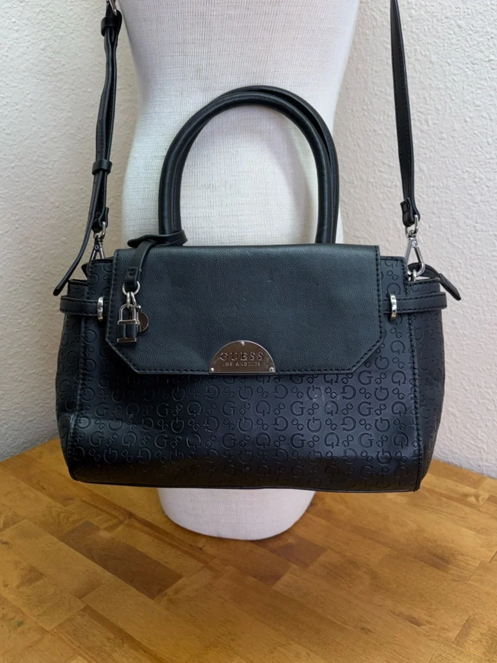 Guess Los Angeles Black Logo Embossed Satchel Crossbody Bag